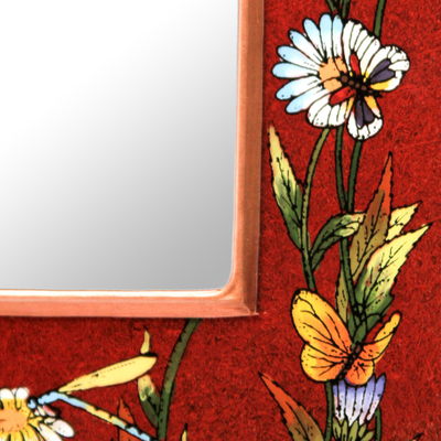 Reverse painted glass mirror, 'Scarlet Fields' - Modern Andean Hand Painted Wall Mirror