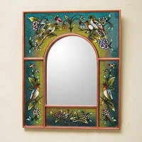 Reverse painted glass mirror, 'Songbirds on Teal'