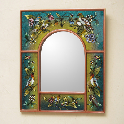 Reverse painted glass mirror, 'Songbirds on Teal' - Teal Reverse Painted Glass Wall Mirror with Birds