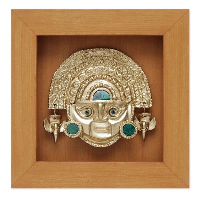 Papier mache and chrysocolla shadow box mask, 'Tumi' - Golden Inca Dagger Mask Shadow Box with Chrysocolla