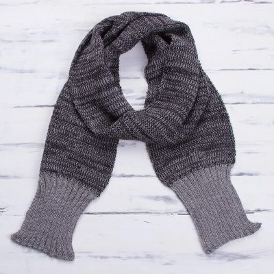 Men's 100% alpaca scarf, 'Black Knight' - 100% Black Grey Soft Alpaca Scarf for Men from Peru