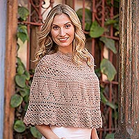 100% alpaca poncho, 'Magical Detail' - Alpaca Hand Knitted Beige Poncho with Multiple Patterns