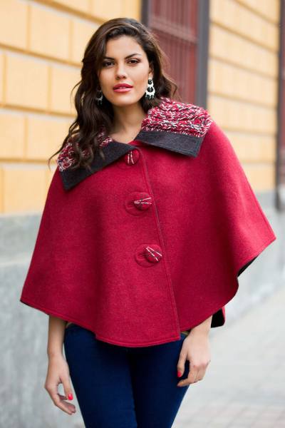 Reversible 100% alpaca ruana cape, 'Cuzco Color' - Andean Reversible Red and Grey 100% Alpaca Short Ruana Cape