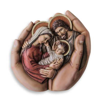Cedar relief panel, 'In God's Hands' - Peruvian Hand Carved Holy Family Cedar Wall Sculpture
