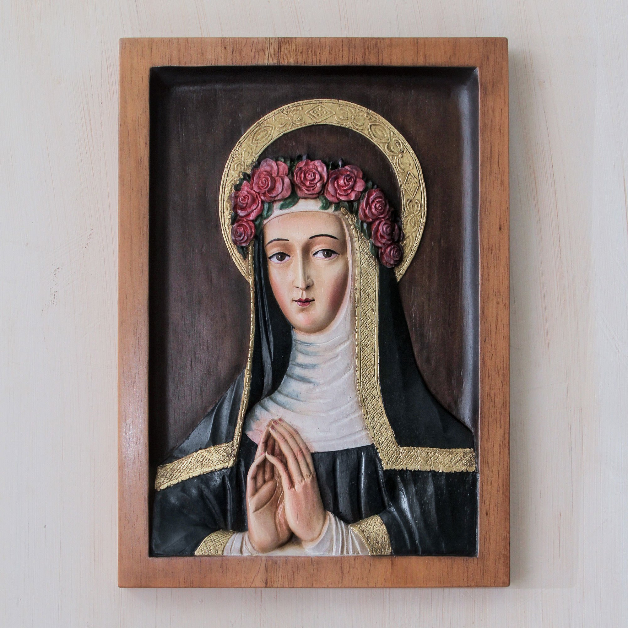 Bronze Leaf Cedar Hand Carved Relief Panel St Rose of Lima - Saint Rose