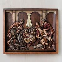 Cedar relief panel, 'Nativity with Shepherds' - Handcrafted Cedar Wood Nativity Scene Relief Sculpture