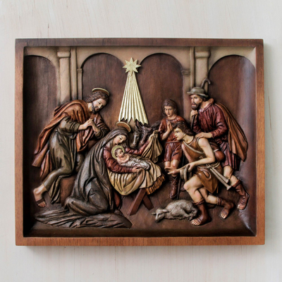 Cedar relief panel, Nativity with Shepherds
