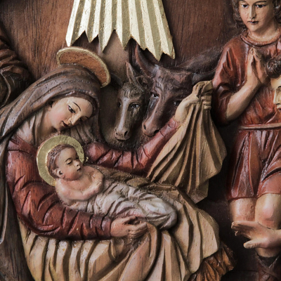 Cedar relief panel, 'Nativity with Shepherds' - Handcrafted Cedar Wood Nativity Scene Relief Sculpture