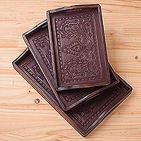 Artisan Crafted Leather and Wood Serving Trays (Set of 3),'Floral Melody'