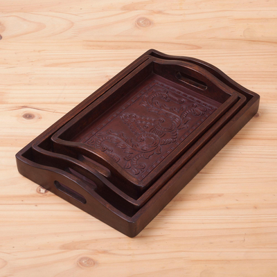 Mohena and leather trays, 'Floral Melody' (set of 3) - Artisan Crafted Leather and Wood Serving Trays (Set of 3)