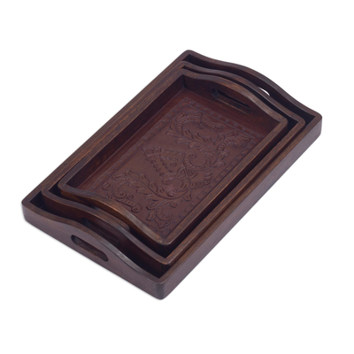 Mohena and leather trays, 'Floral Melody' (set of 3) - Artisan Crafted Leather and Wood Serving Trays (Set of 3)