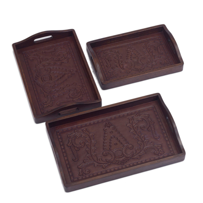 Mohena- und Ledertabletts (3er-Set) - Handgefertigte Serviertabletts aus Leder und Holz (3er-Set)