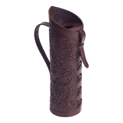 Leather wine bottle holder, 'Colonial Ivy' - Andean Original Hand Tooled Leather Wine Bottle Holder