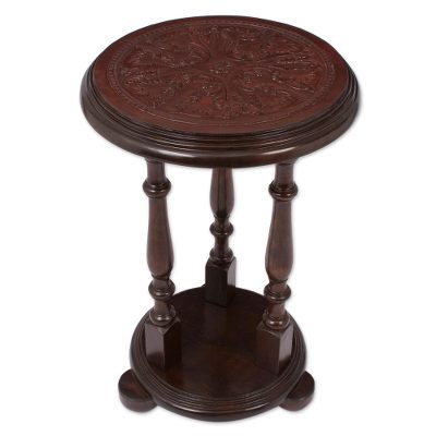 Mohena wood and leather accent table, 'Round Flowers' - Mohena Wood and Embossed Leather Round Table
