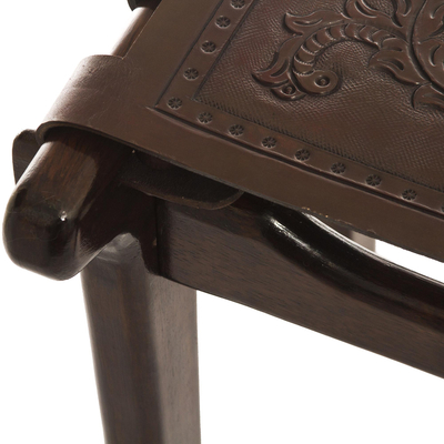 Mohena wood and leather stool, 'Colonial Elegance' - Artisan Crafted Colonial Theme Hardwood and Leather Stool