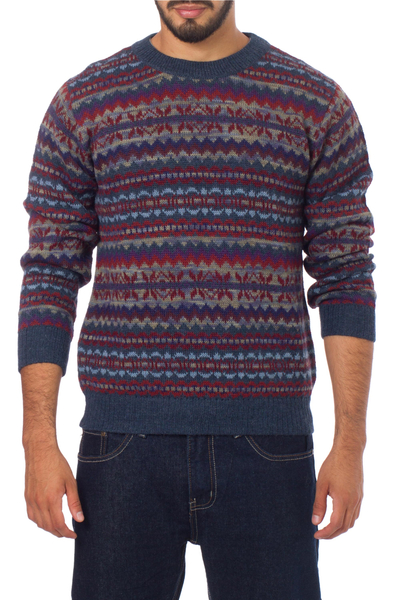 Suéter de hombre 100% alpaca - Suéter de punto de hombre de alpaca azul y burdeos estampado
