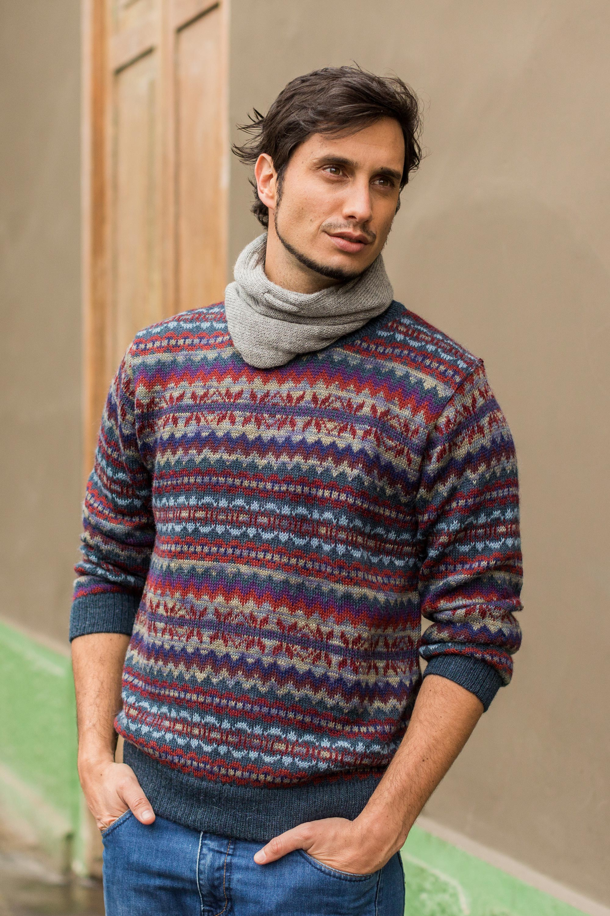 Patterned Blue and Burgundy Alpaca Men's Knit Sweater - Colca Canyon ...
