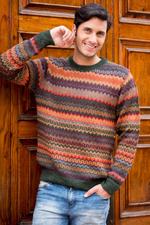 Men's 100% alpaca sweater, 'Andean Homeland' - Multicolor Alpaca Men's Sweater with Forest Green