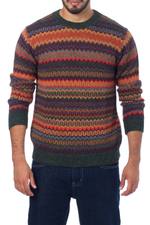 Men's 100% alpaca sweater, 'Andean Homeland' - Multicolor Alpaca Men's Sweater with Forest Green