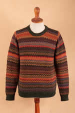 Men's 100% alpaca sweater, 'Andean Homeland' - Multicolor Alpaca Men's Sweater with Forest Green