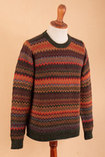 Men's 100% alpaca sweater, 'Andean Homeland' - Multicolor Alpaca Men's Sweater with Forest Green