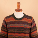 Men's 100% alpaca sweater, 'Andean Homeland' - Multicolor Alpaca Men's Sweater with Forest Green