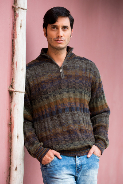 Men's 100% alpaca sweater, 'Traveler' - Peruvian 100% Alpaca Men's Sweater with Zipper