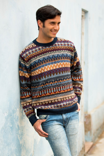 Men's 100% alpaca sweater, 'Colca Melange' - Multicolor Alpaca Men's Sweater with Blue Trim from Peru