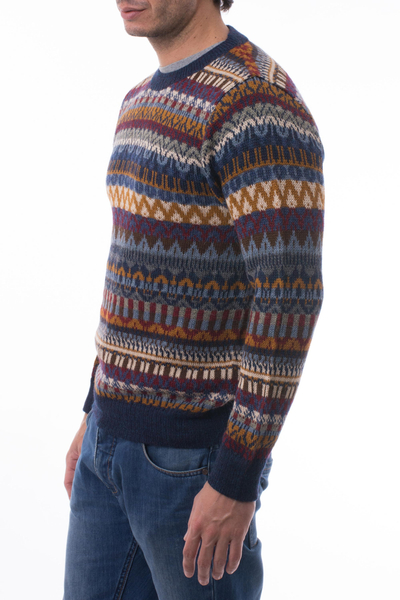 Suéter de hombre 100% alpaca - Suéter de hombre de alpaca multicolor con ribete azul de Perú
