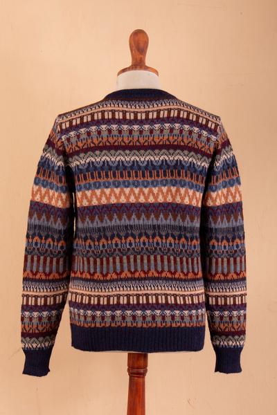 Suéter de hombre 100% alpaca - Suéter de hombre de alpaca multicolor con ribete azul de Perú