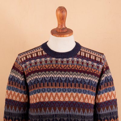 Multicolor Alpaca Men's Sweater with Blue Trim from Peru - Colca ...