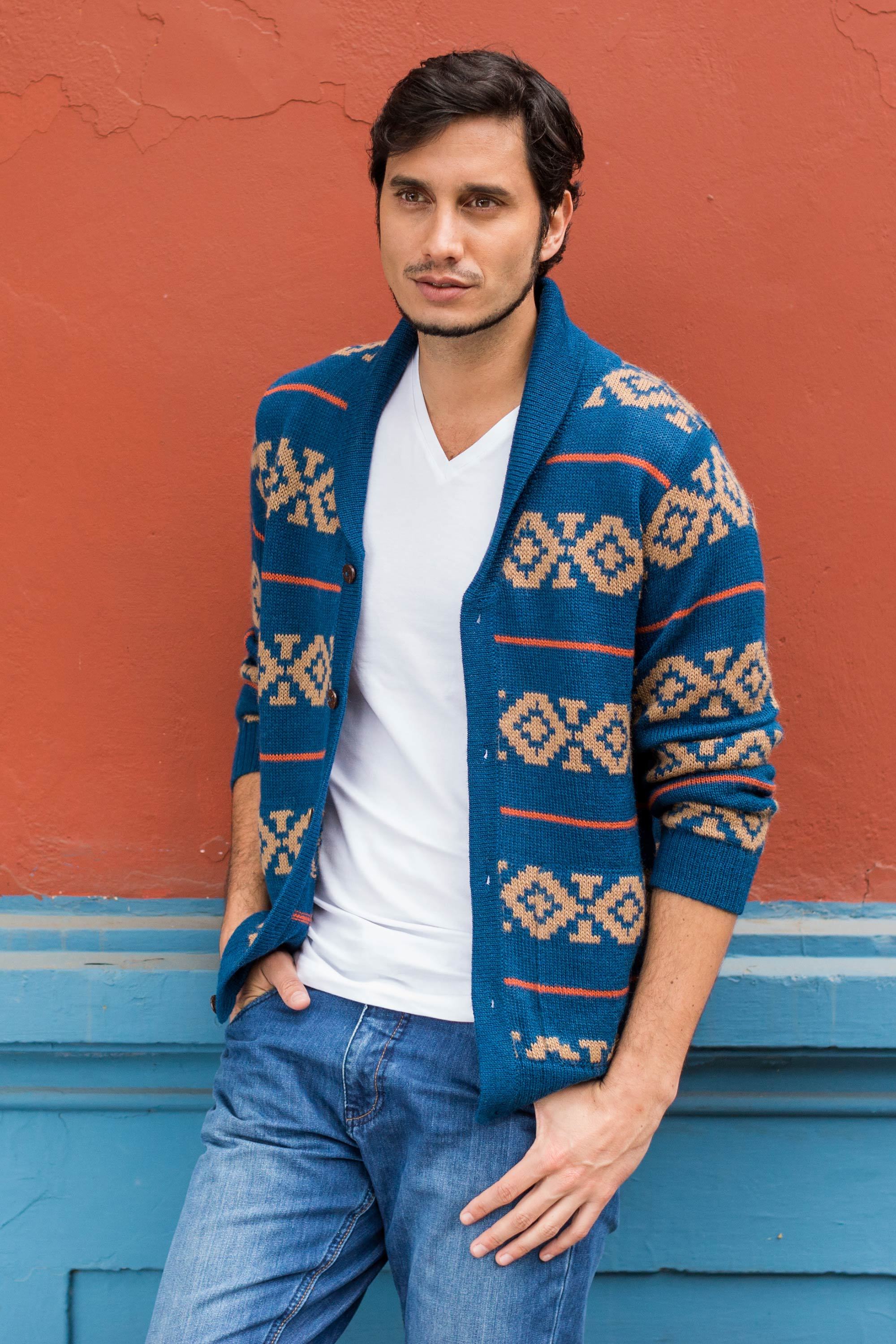 UNICEF Market | Men's Blue and Brown Alpaca Cardigan Sweater from Peru ...