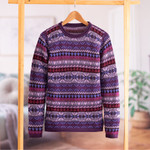 100% alpaca sweater, 'Purple Poppy' - Knit 100% Alpaca Snowflake Pattern Pullover Sweater