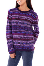 100% alpaca sweater, 'Purple Poppy' - Knit 100% Alpaca Snowflake Pattern Pullover Sweater