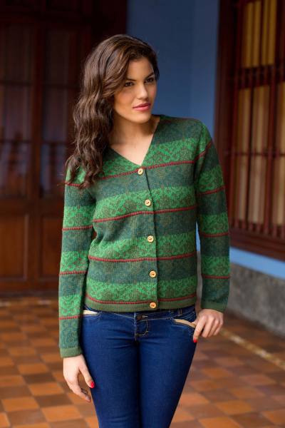 100% alpaca cardigan, 'Andean Evergreen' - Knitted Green Alpaca Cardigan Sweater from Peru