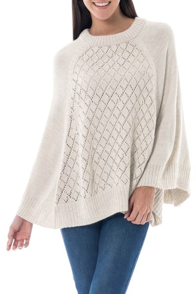 Alpaca blend poncho, 'Andes in Beige' - Knit Beige Alpaca Blend Poncho with Fretwork from Peru