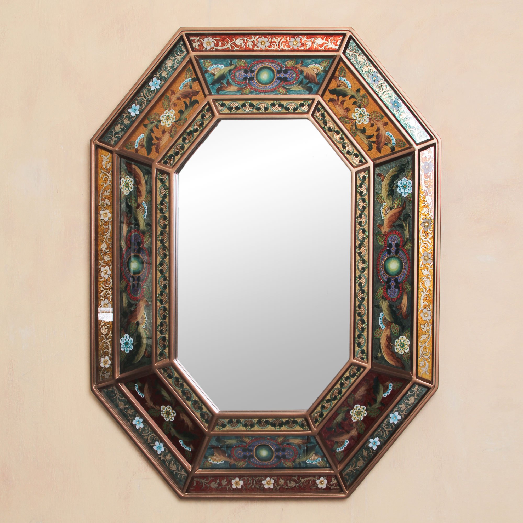 Handmade Reverse Painted Glass Wall Mirror from Peru Floral Fiesta