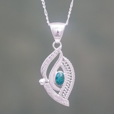 Chrysocolla and sterling silver pendant necklace, 'Forest Leaf' - Chrysocolla on Sterling Silver Pendant Necklace from Peru