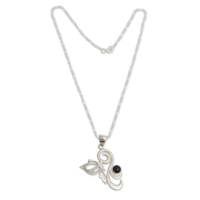Obsidian and sterling silver pendant necklace, 'Andean Butterfly' - Obsidian Detail Pendant on Sterling Silver Necklace