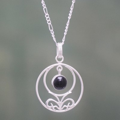 Obsidian and sterling silver pendant necklace, 'Halo of Grace' - Handcrafted Obsidian and Sterling Silver Pendant Necklace