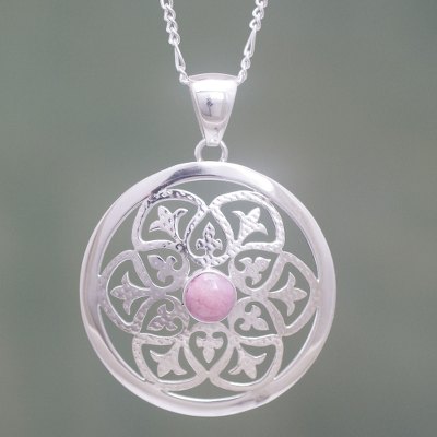 Rhodonite and sterling silver pendant necklace, 'Sentiment' - Handcrafted Rhodonite on Sterling Silver Necklace