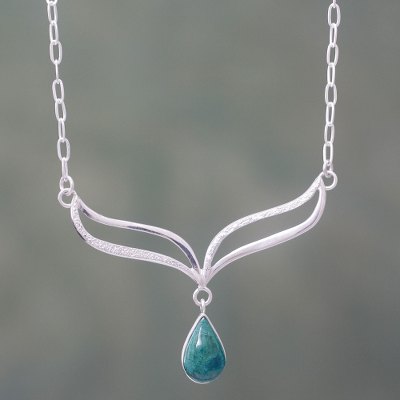 Chrysocolla and sterling silver pendant necklace, 'Forest Dew' - Artisan Crafted Sterling Silver and Chrysocolla Necklace