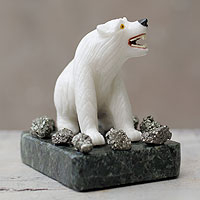 Onyx sculpture, 'Polar Bear' - Artisan Crafted White Onyx Gemstone Animal Sculpture