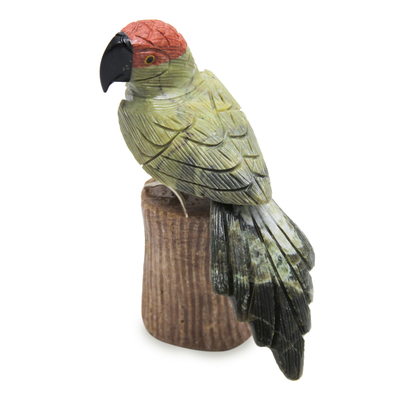 Serpentine and aragonite sculpture, 'Amazon Parrot' - Andean Green Parrot Hand Carved Gemstone Bird Sculpture