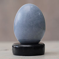 Angelite and onyx egg, 'Celestial Blue' - Hand Crafted Andean Angelite Egg Sculpture with Onyx Stand