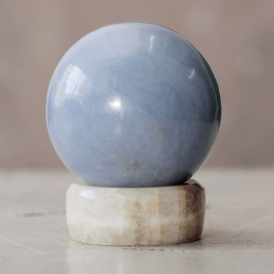 Angelite sphere, 'Heavenly Blue' - Hand Crafted Andean Angelite Egg Sculpture with Stand