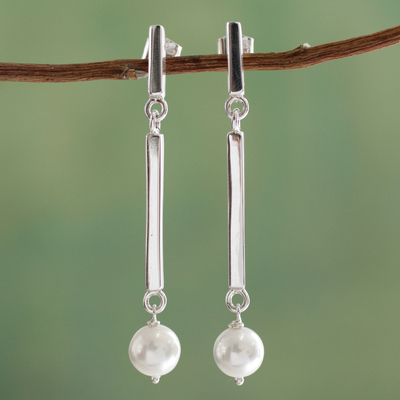 Cultured pearl dangle earrings, 'White Sea Foam' - White Pearls on Artisan Crafted Sterling Silver Earrings
