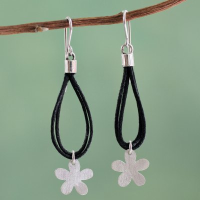 Silver and cotton flower earrings, 'Tropical Black' - Silver Flowers on Black Cotton Earrings Crafted by Hand