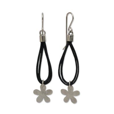 Silver and cotton flower earrings, 'Tropical Black' - Silver Flowers on Black Cotton Earrings Crafted by Hand