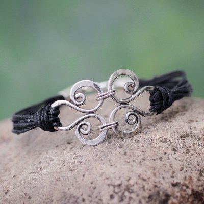 Silver and cotton wristband bracelet, 'Love Symphony' - Silver Pendant on Black Cotton Artisan Crafted Bracelet